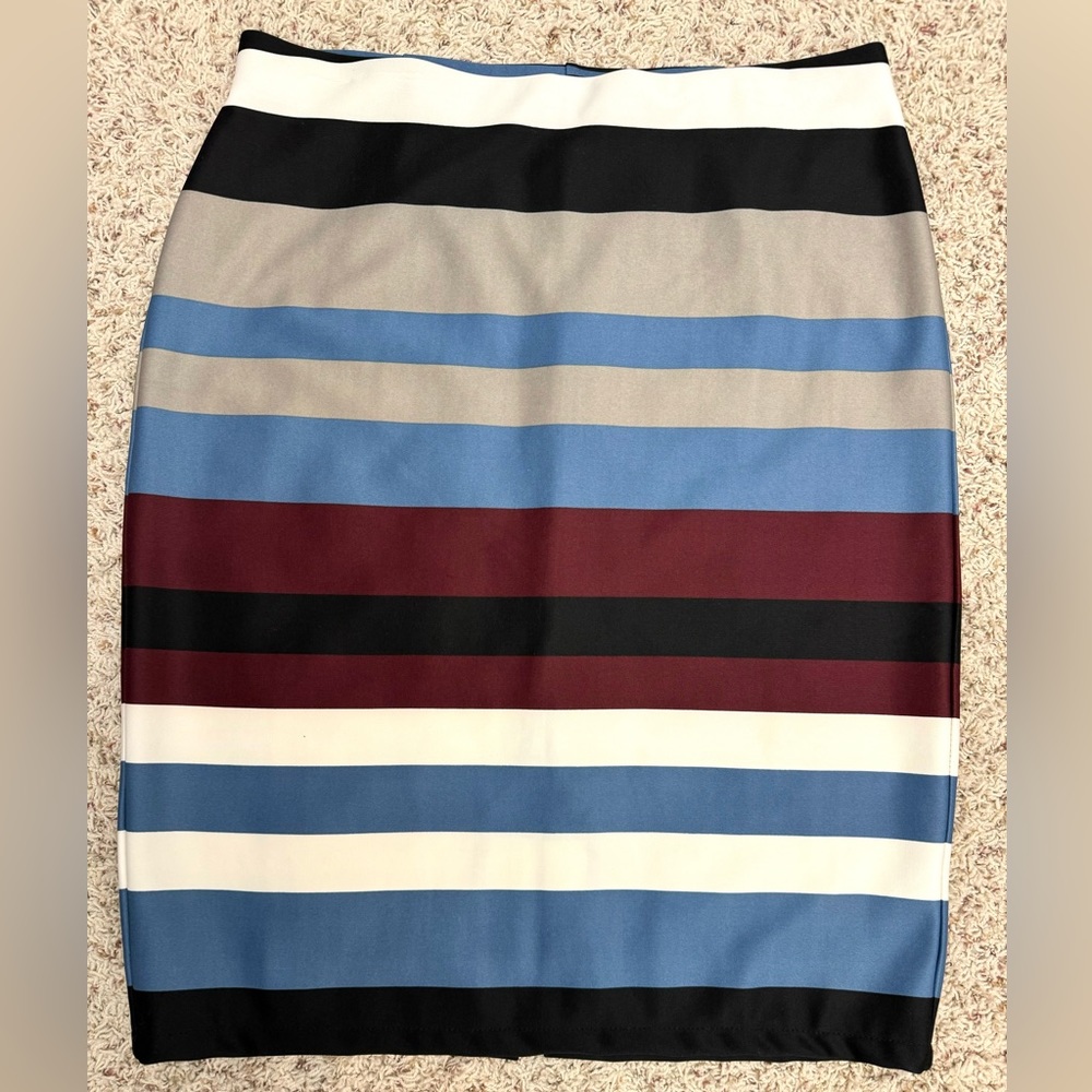 NYCC Striped Multicolor Striped Stretch Pencil Skirt Blue Gray Burgundy White M